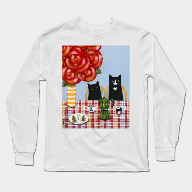 Christmas French Press Cats Long Sleeve T-Shirt by KilkennyCat Art